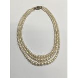 Cultured pearl three strand choker necklace with three strings of graduated cultured pearls