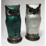 Mid 20th century Norwegian silver and enamel owl pepper pots by David Anderson , one in white and
