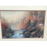 Follower of Teranchi Manjiro (Japanese), signed watercolour - Autumnal river landscape, in glazed