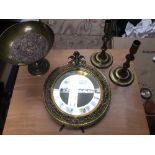 Victorian brass circular easel mirror with cherub mount, pair brass candlesticks and brass and