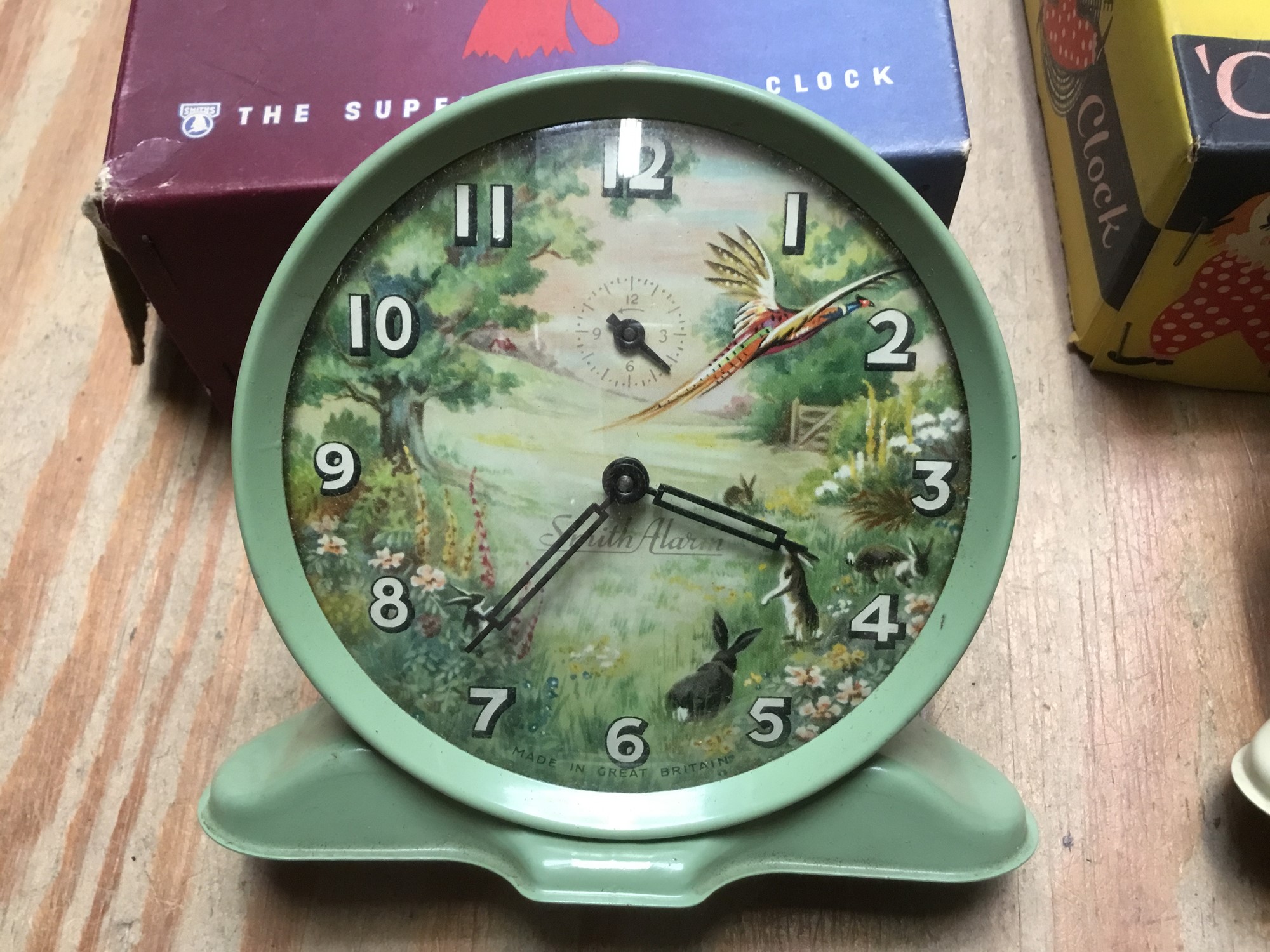 Three vintage Smiths clocks to include ‘Circus’ alarm clock, cowboy and country side scene, all - Image 3 of 4