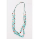 Turquoise and coral bead two strand necklace with silver clasp