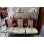 1950's / 60's Red and White Vinyl three seater Hair salon bench with two hoods