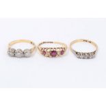 Two 18ct gold and diamond rings in platinum setting, together with an 18ct gold ruby and diamond