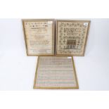 Three Victorian samplers all with names and dates. House and garden, alphabet and numerals. One by