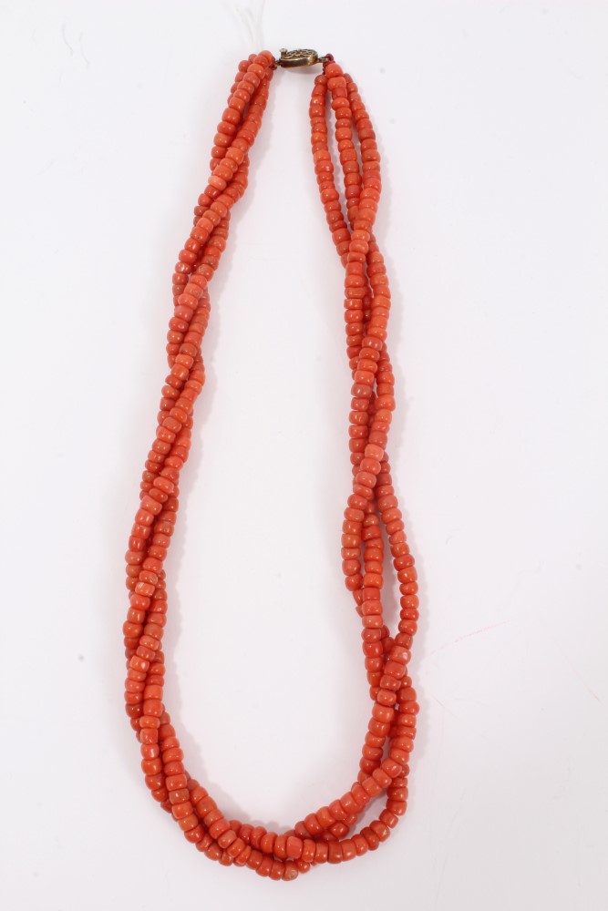 Old Chinese coral three stand rope twist necklace with silver clasp