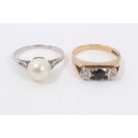 Cultured pearl dress ring and 9ct gold sapphire and diamond dress ring