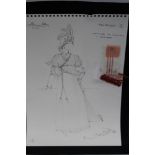 A selection of costume designs in graphite and watercolour with fabric swatches by Nicholas Rocker