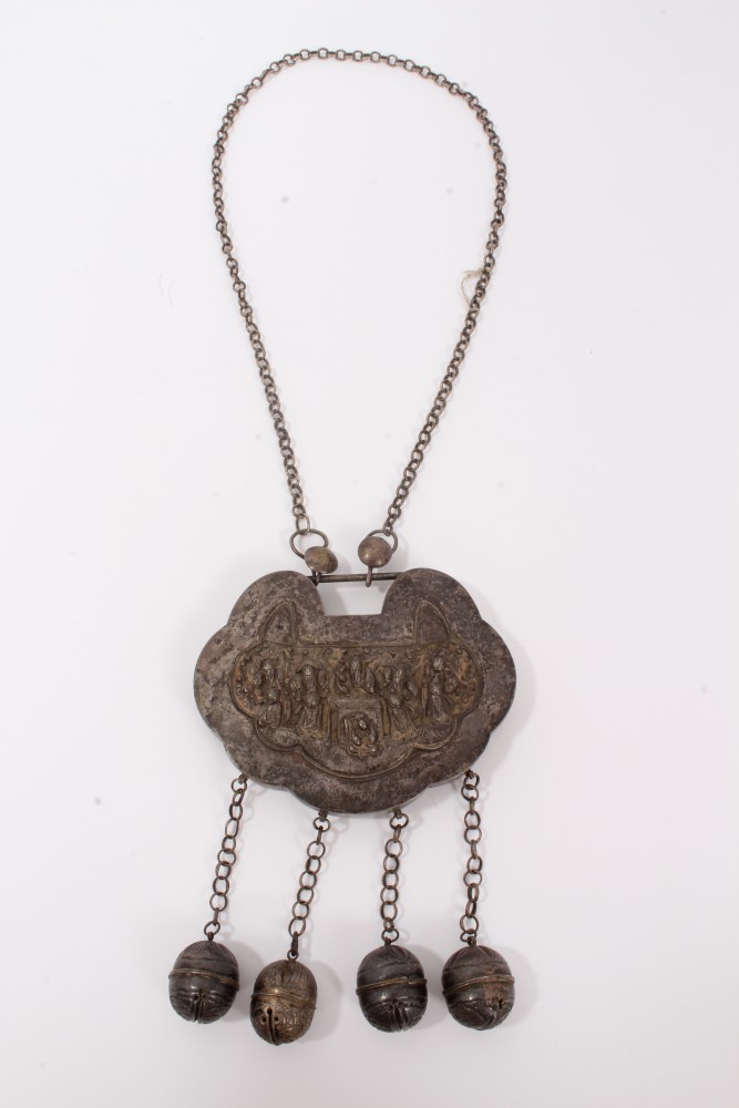 Old Chinese white metal necklace with embossed panel depicting figures and Chinese characters, with