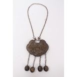 Old Chinese white metal necklace with embossed panel depicting figures and Chinese characters, with