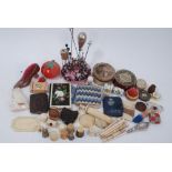 Collection of sewing items, pins, mother-of-pearl carving, carved bone etc