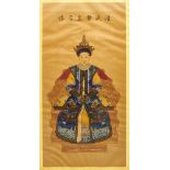 Fine Chinese ancestral portrait on silk of Empress in blue dragon robe. Possible a silk scroll