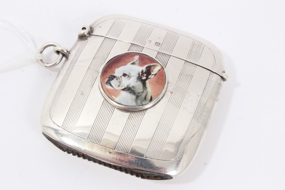 Silver vesta case with an applied enamel plaque of French bulldog
