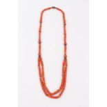 Old Chinese coral necklace, six of the barrel beads flanked by blue enamel flowers terminating with