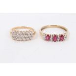 9ct gold ruby and diamond ring and 14ct gold three row dress ring