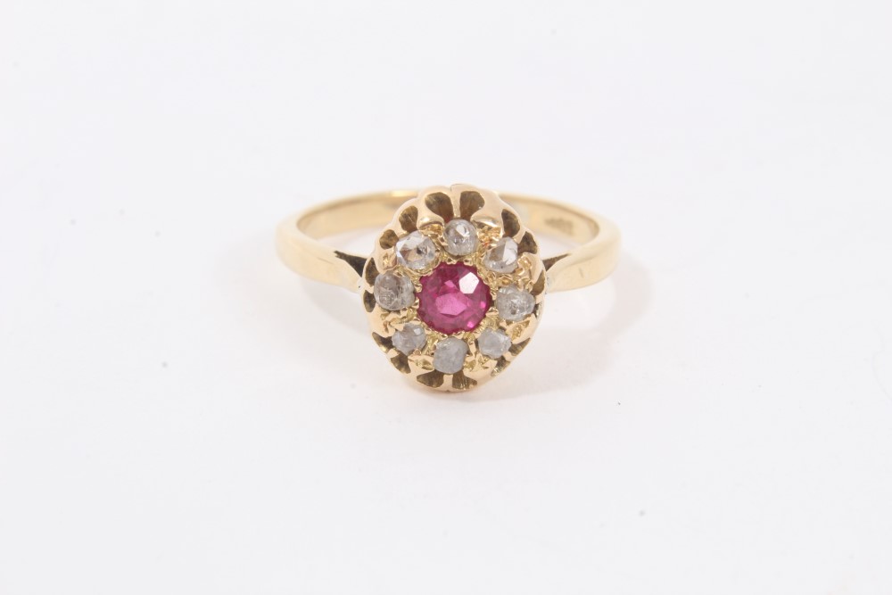 Antique 18ct gold diamond and red stone cluster ring