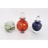 Two Peter Layton art glass scent bottles with stoppers and a Peter Layton glass vase