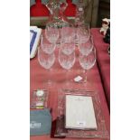 Group of Waterford Crystal wine glasses, photograph frame, clock and vases