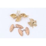 18ct gold leaf spray brooch set with four cultured pearls, 9ct gold leaf brooch and pair 9ct gold