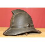 19th century Scottish leather fire helmet, with painted badge and numbered Reg. No. 793681, by Jas.