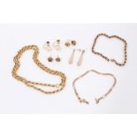 9ct gold rope twist necklace and bracelet, 9ct gold bracelet and various gold earrings