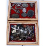 Small wooden jewellery box containing costume jewellery, silver, various charms and bijouterie