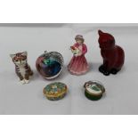 Royal Doulton Flambé Cat, together with a Royal Crown Derby Cat Paperweight, a Royal Doulton figure,