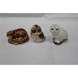 Three Royal Crown Derby paperweights - Otter, Snowy Owl and Tawny Owl