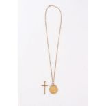 Victorian gold sovereign 1887 in pendant mount on chain together with a 9ct gold cross pendant