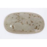 Chinese jade caved oval plaque with engraved leaf and fruit decoration