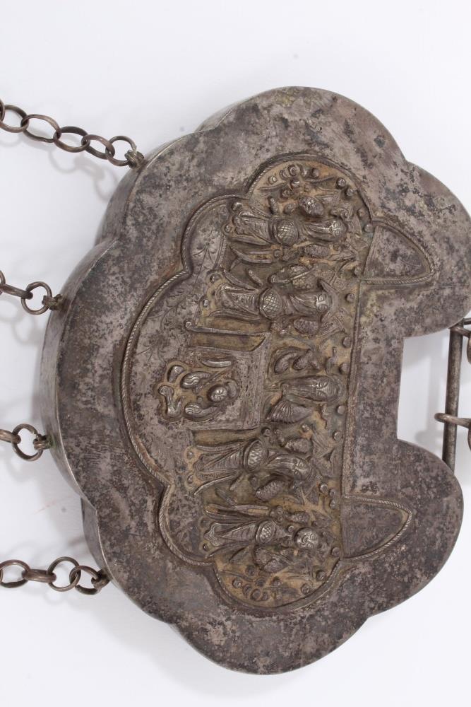 Old Chinese white metal necklace with embossed panel depicting figures and Chinese characters, with - Image 2 of 4