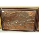 Rare pair of early 20th century Northern English Arts & Crafts beaten copper plaques, landscape and