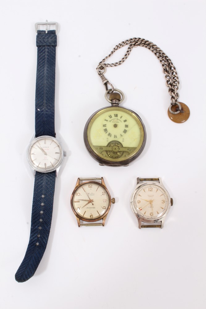 Silver cased Hebdomas pocket watch on silver watch chain, MuDu wristwatch and two others (4)