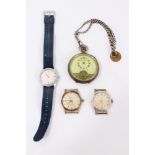 Silver cased Hebdomas pocket watch on silver watch chain, MuDu wristwatch and two others (4)