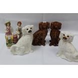 Two pairs of Staffordshire type Spaniels, together with a large Staffordshire figure of Tam O