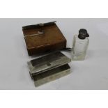 Vintage silver plated Swaine & Adeney sandwich box, together with a glass flask with plated top, in