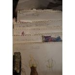 A selection of costume designs in graphite and watercolour with fabric swatches by Nicholas Rocker