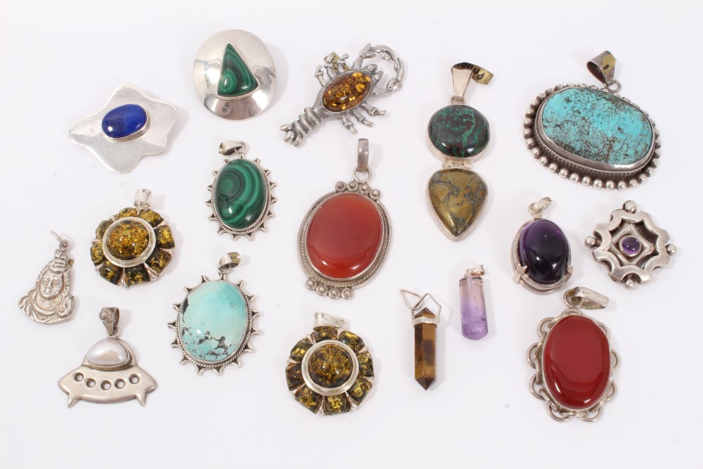 Collection silver and white metal earrings, pendants and brooches set with semi precious stones