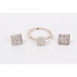 18ct white gold squared diamond cluster ring and similar pair earrings