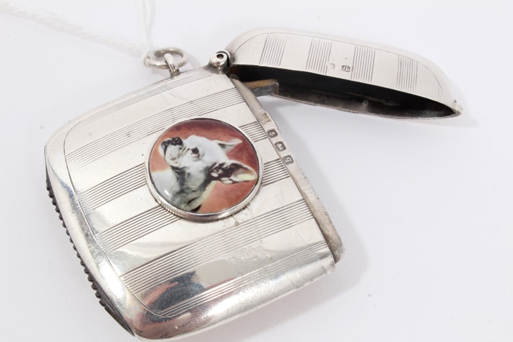 Silver vesta case with an applied enamel plaque of French bulldog - Image 3 of 3