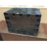 19th century oak silver chest with iron mounts and fitted trays