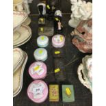 Group of boxes, together with brass desk weight, candle snuffers, toleware tray and other items