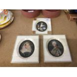 Pair of portrait miniatures together with a print of Queen Victoria in ivory frame (3)