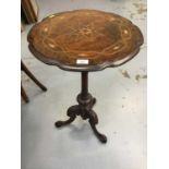 Late Victorian inlaid walnut wine table on carved tripod base