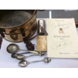 Brass pot, various salt spoons, silver pusher, vestas etc