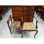 Late Victorian carved mahogany chair, together with a rush seated corner chair (2)