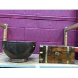 Victorian brass and walnut writing box and copper punch bowl