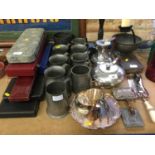 Group of metalwares to include pewter tankards, bell, cutlery sets, silver plated salver