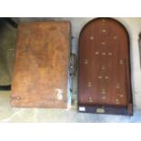 Vintage brown leather suitcase together with a bagatelle board (2)