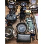 Silver plated tea ware, cutlery, fish servers, pair brass candlesticks